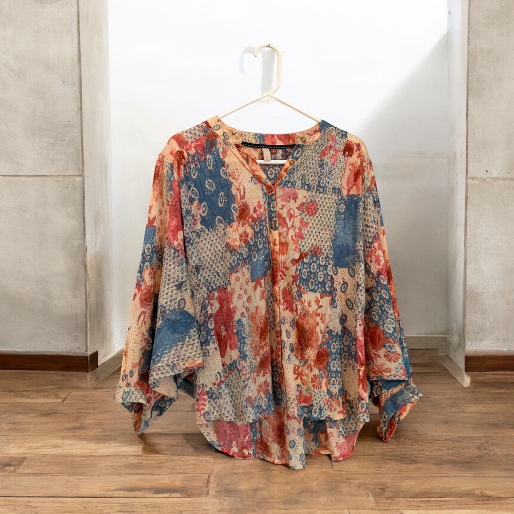 Anthropologie 🛍️ Pilcro Patchwork Top Printed Batwing Balloon Sleeve S